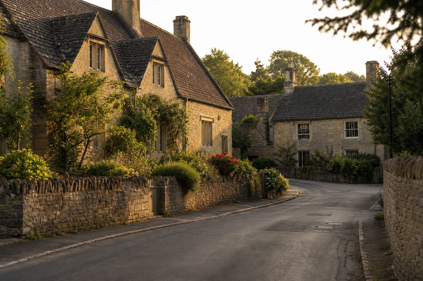 Stone cottages on a quiet village lane in Charlbury, West Oxfordshire